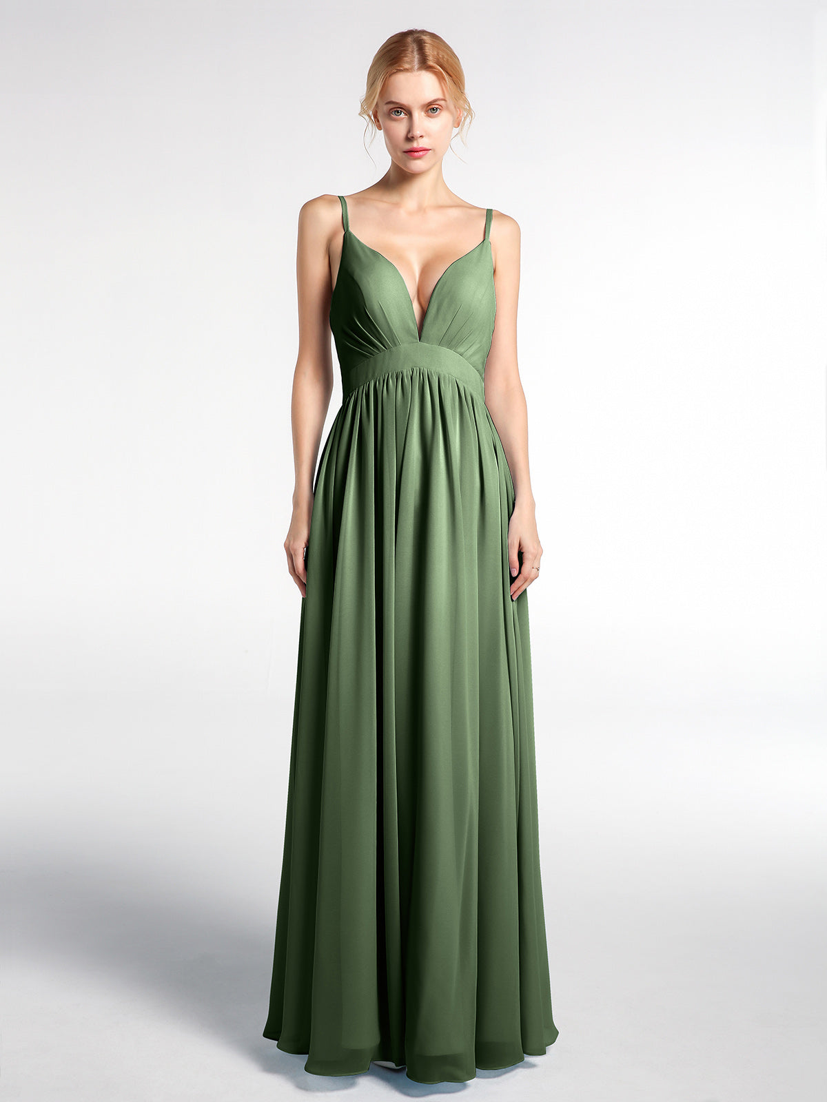 BABARONI Chiffon Olive Green Bridesmaid Dresses Plunging V-Neck  Floor-length Spaghetti Straps Pleated Empire