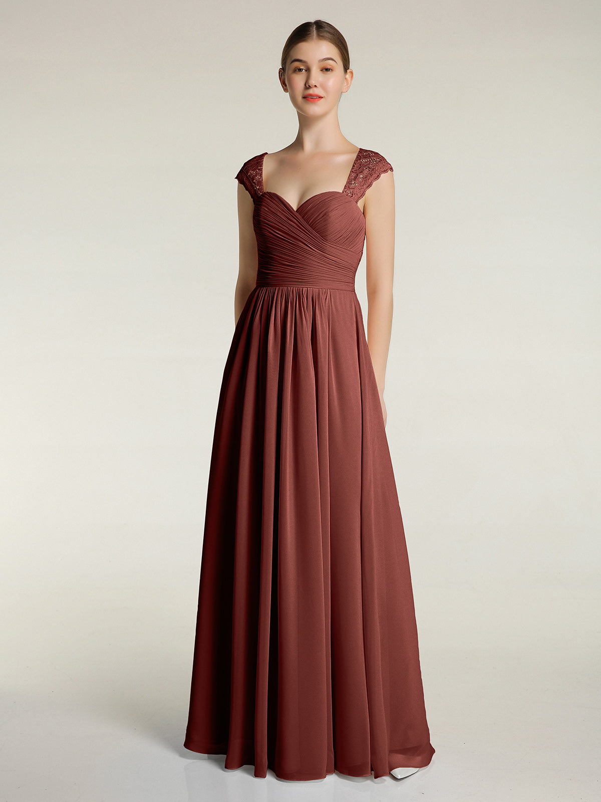 Lace and Chiffon Maxi Cap Sleeves Dress Chocolate