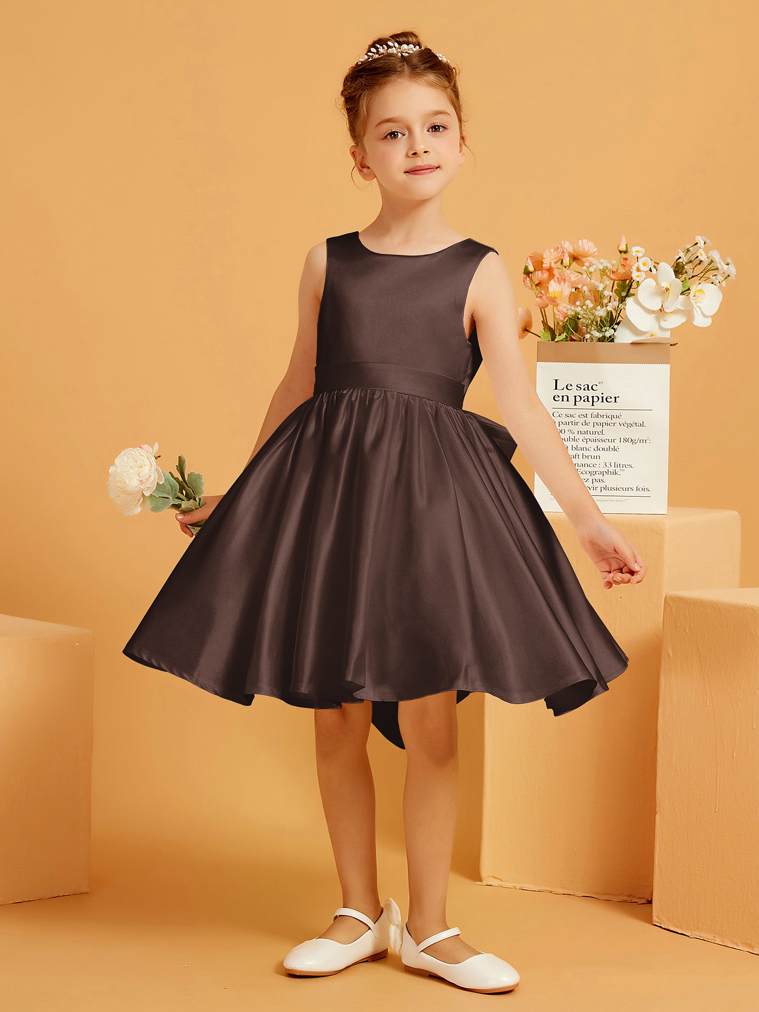 chocolate brown flower girl dress BABARONI A-Line Satin Flower Girl Dress