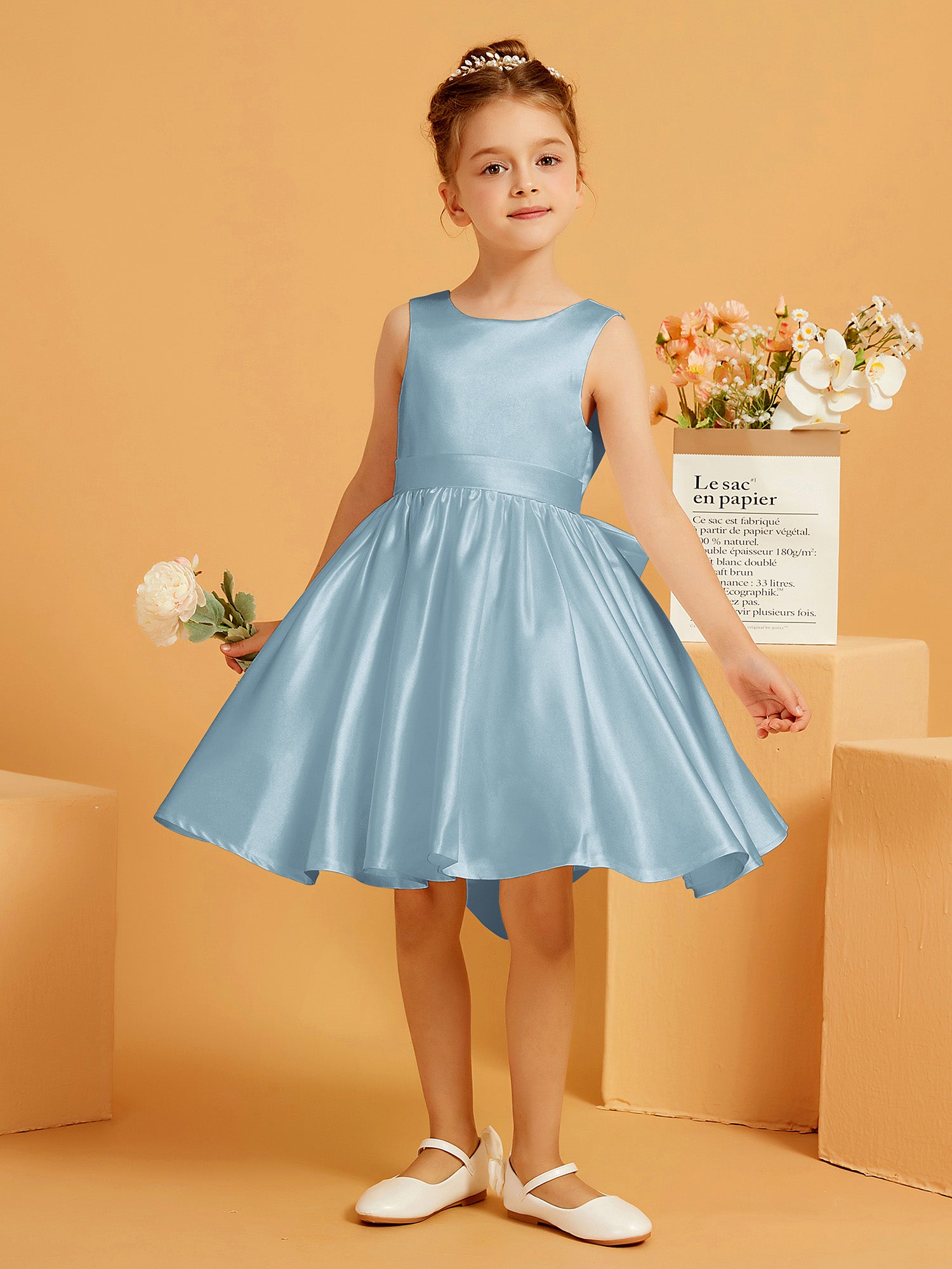 BABARONI A-Line Satin Flower Girl Dress - Short Sleeveless Wedding Party Gown with Bow Back BABARONI A-Line Satin Flower Girl Dress - Short Sleeveless Wedding Party Gown with Bow Back