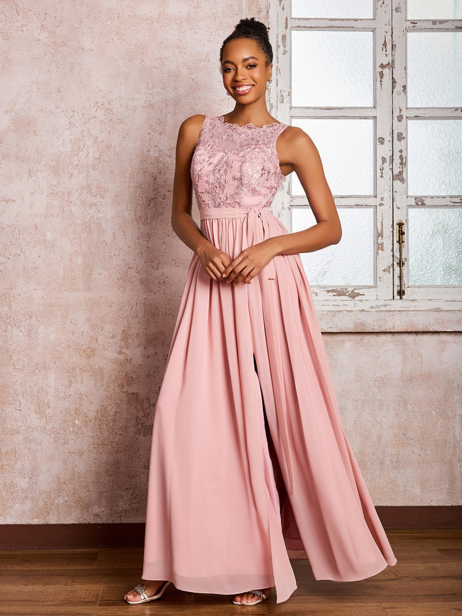 BABARONI Illusion Neck Lace Top Chiffon Skirt Maxi Dresses with Bow Dusty Rose, Dusty Rose / US0