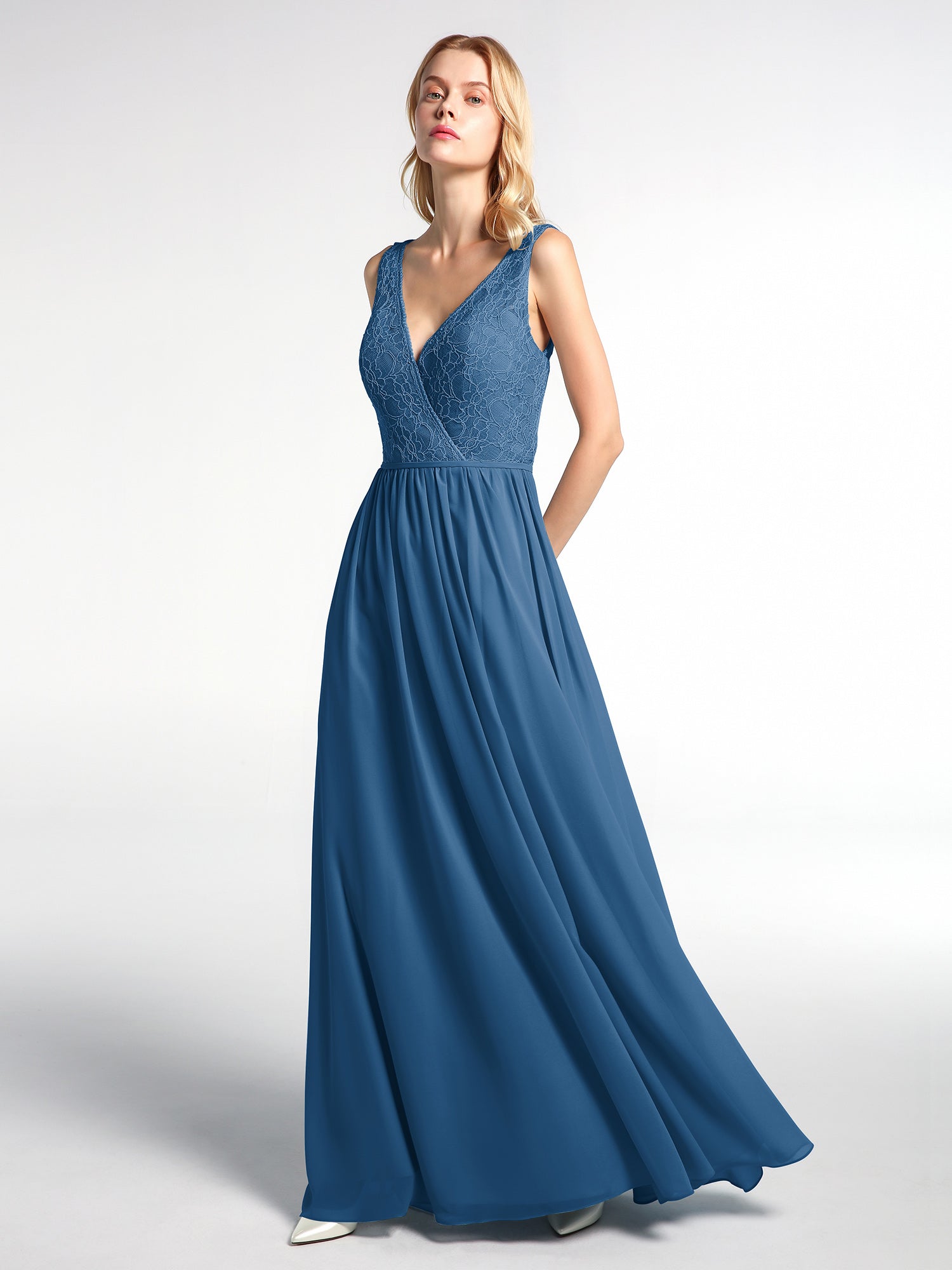 Lace Top Chiffon Skirt Maxi V-neck Dress Dark Navy