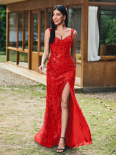 Sheath/Column Sweetheart Sequins Prom Dress with Slit Red