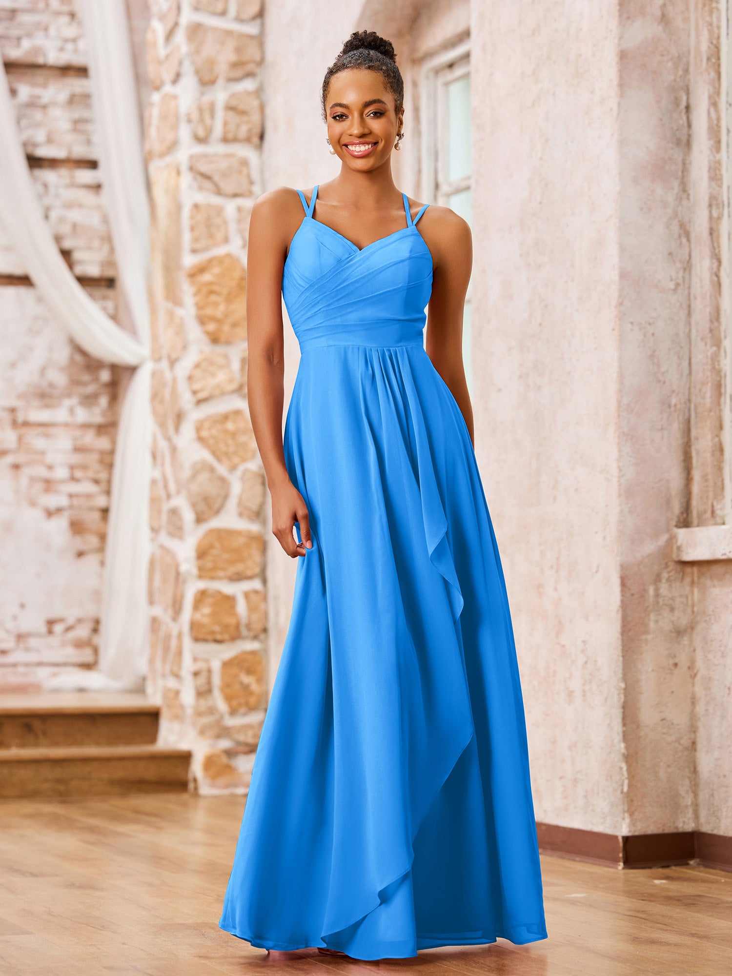 BABARONI Chiffon Ocean Blue Bridesmaid Dresses V-neck Floor-length
