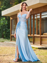 Trumpet/Mermaid Lace Appliqued Ruched Dress with Slit Sky Blue