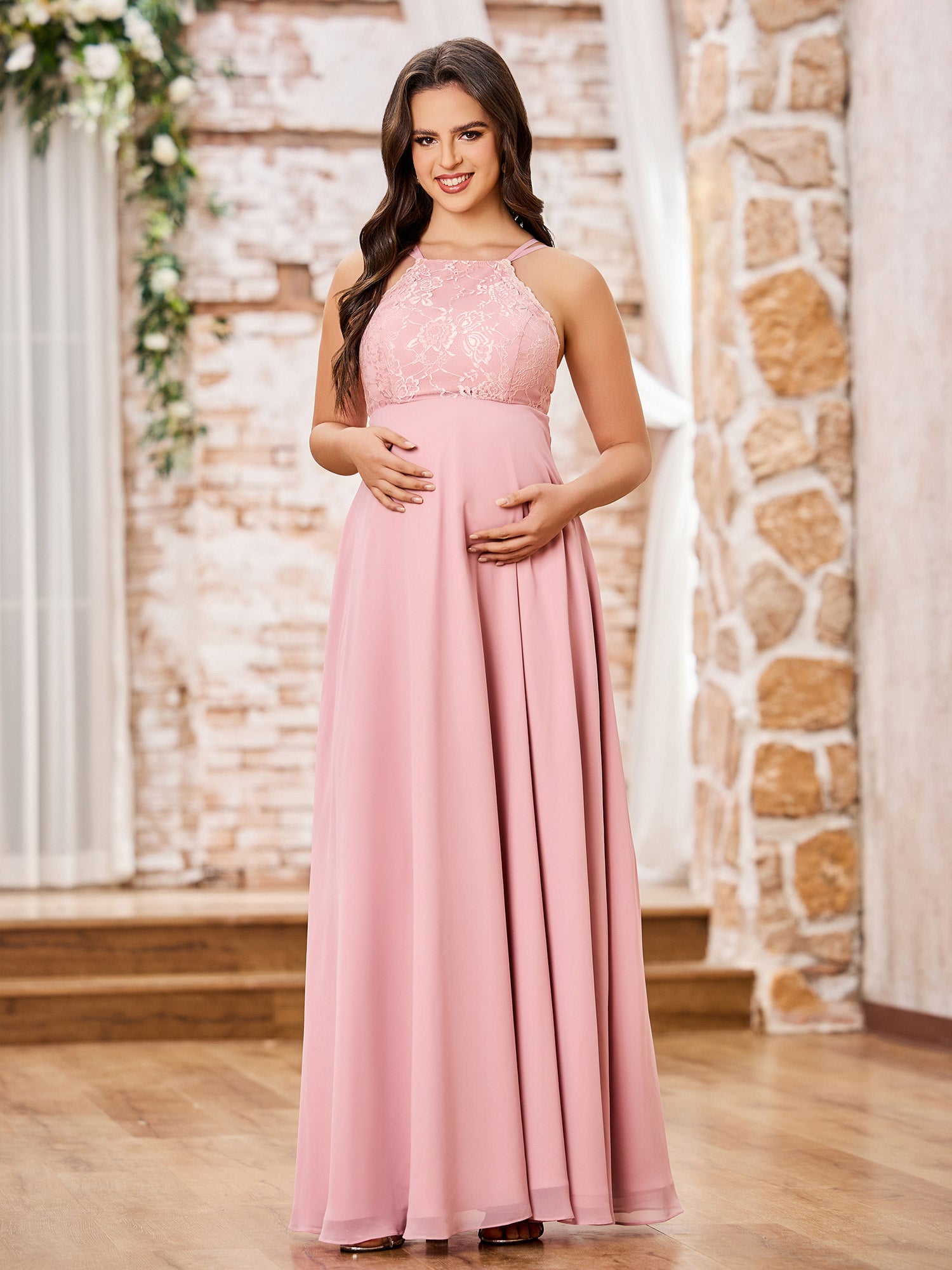 BABARONI Chiffon Dusty Rose Bridesmaid Dresses Bateau Floor-length Spaghetti Straps Lace A-line, Dusty Rose / US0