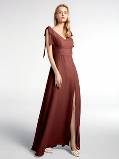 Bowed Flat Strap Chiffon Maxi with Front Slit-Terracotta
