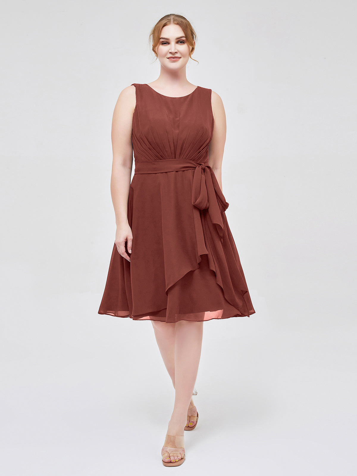 Knee-length Chiffon Dress with Scoop Neck and Sash Bow Spa