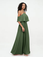 Halter Off the Shoulder Max Dresses with Pockets-Olive Green
