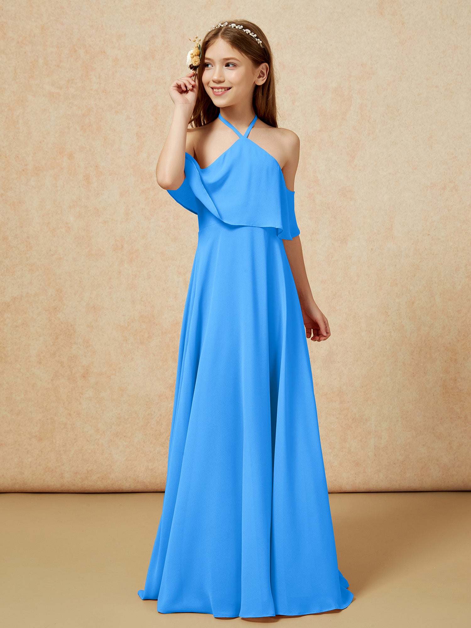 BABARONI Chiffon Ocean Blue Junior Bridesmaid Dresses A-line Halter