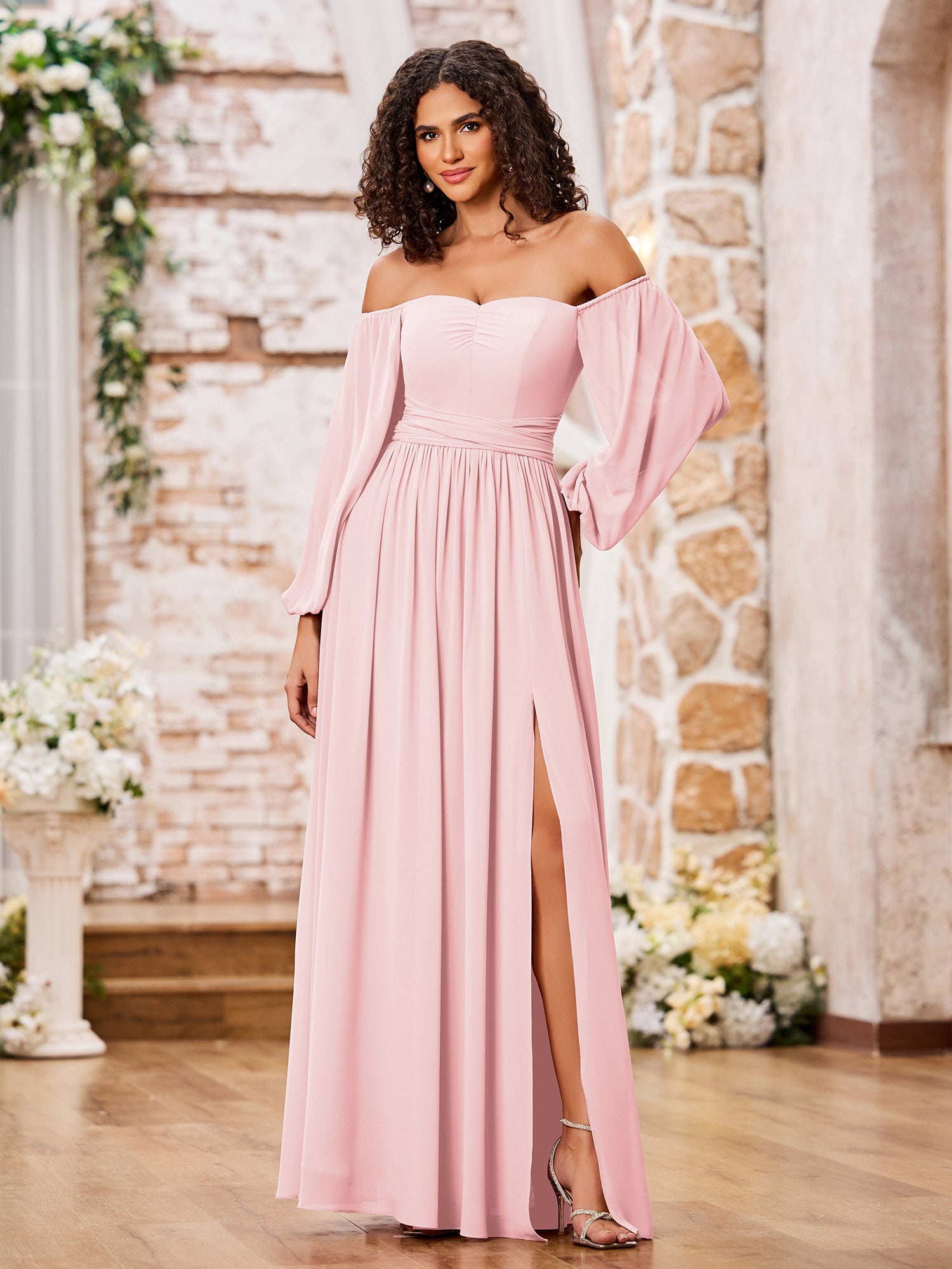 BABARONI Chiffon Blushing Pink Bridesmaid Dresses Off-the-shoulder