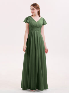 Cap Sleeves Chiffon Long Bridesmaid Dress Olive Green