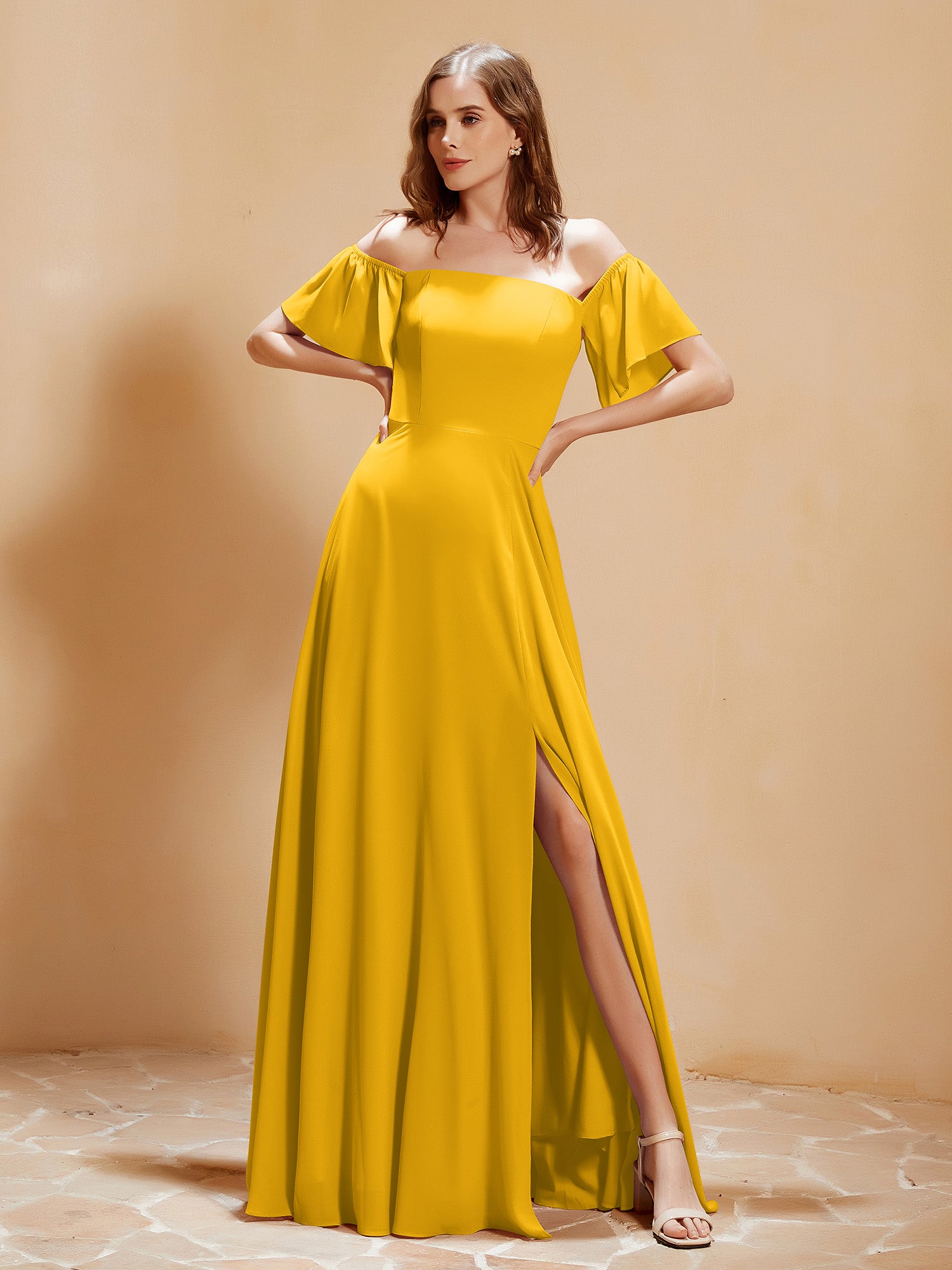 Chiffon Gown with Spaghetti Straps and Cascade Skirt Marigold Plus Size