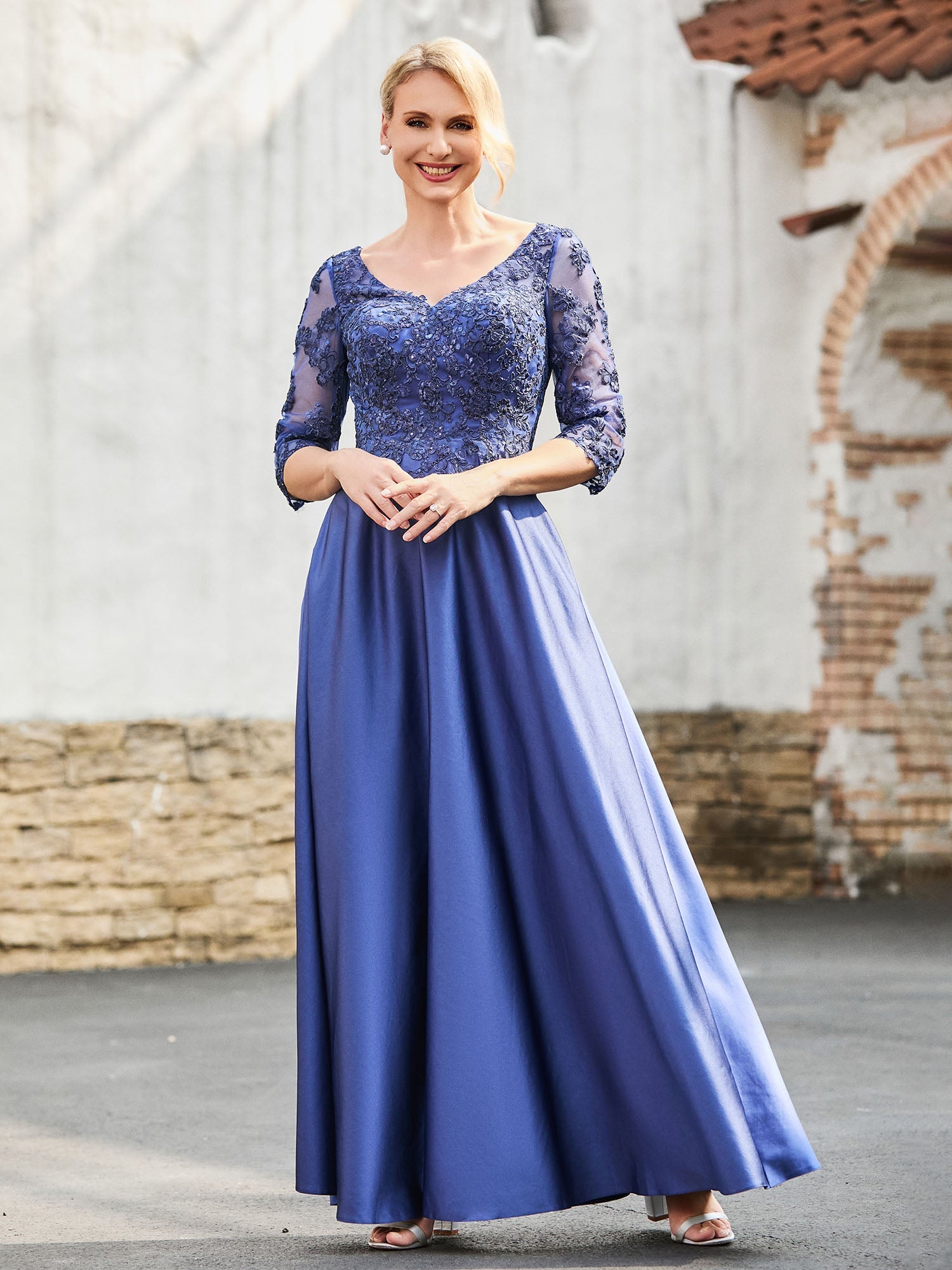 Elegant V-Neck Lace Top A-line Satin Dress Ink Blue