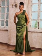One Shoulder Floor-length Dress With Ribbons Olive Green