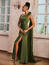 One Shoulder Floor-length Dress With Ribbons Olive Green