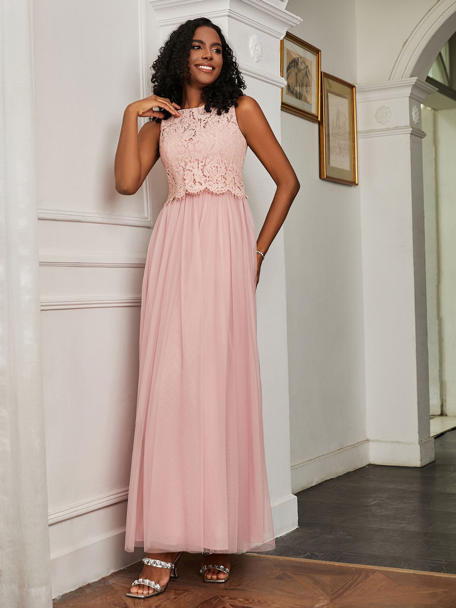 dusty rose tulle bridesmaid dresses BABARONI A-Line Sleeveless Tulle Floor-Length Dress Dusty Rose, Dusty Rose / US0