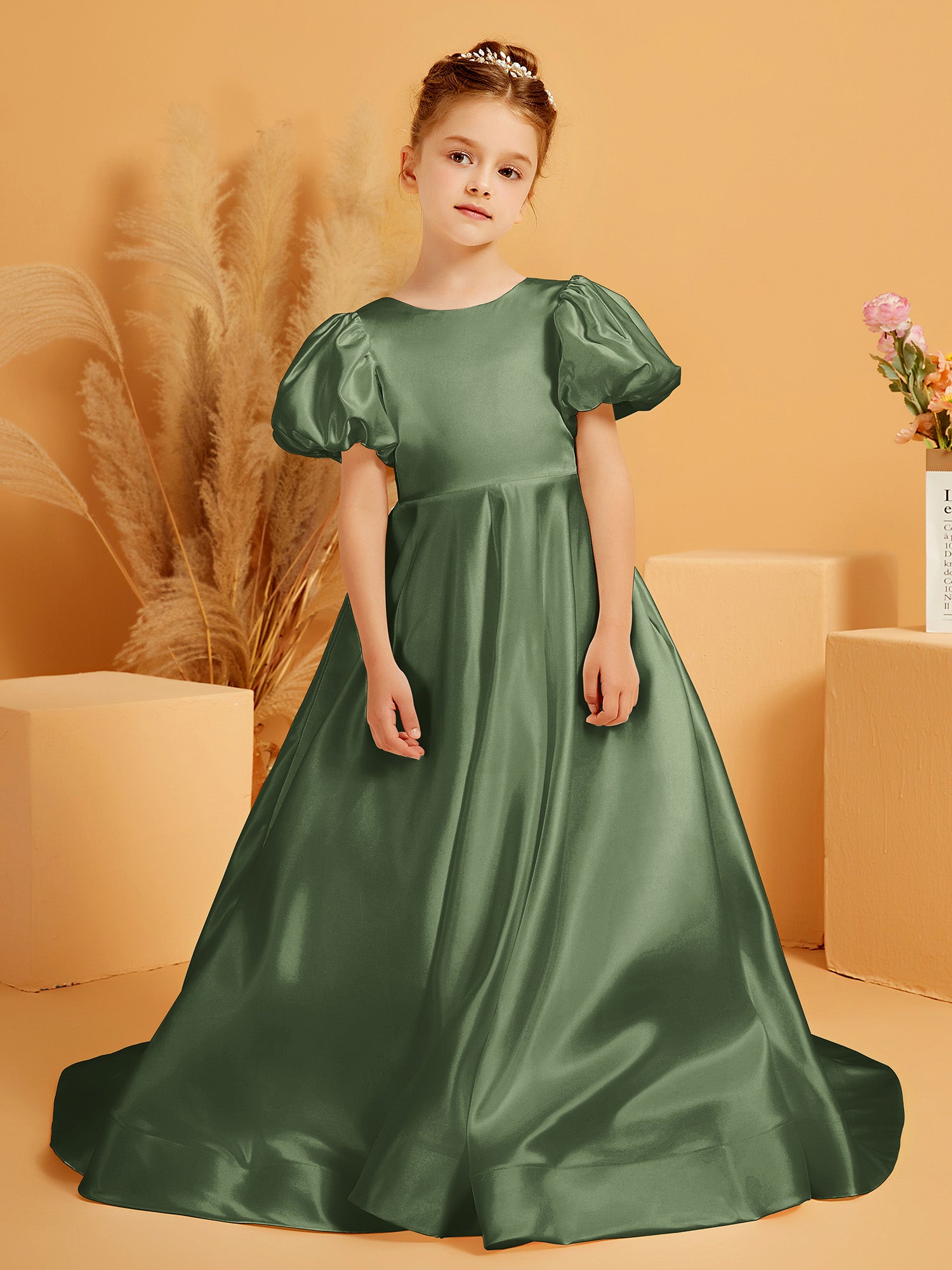 BABARONI Flower Girl Dress - Satin A-Line Scoop Neck Gown with Bubble Sleeves & Train BABARONI Flower Girl Dress - Satin A-Line Scoop Neck Gown with Bubble Sleeves & Train
