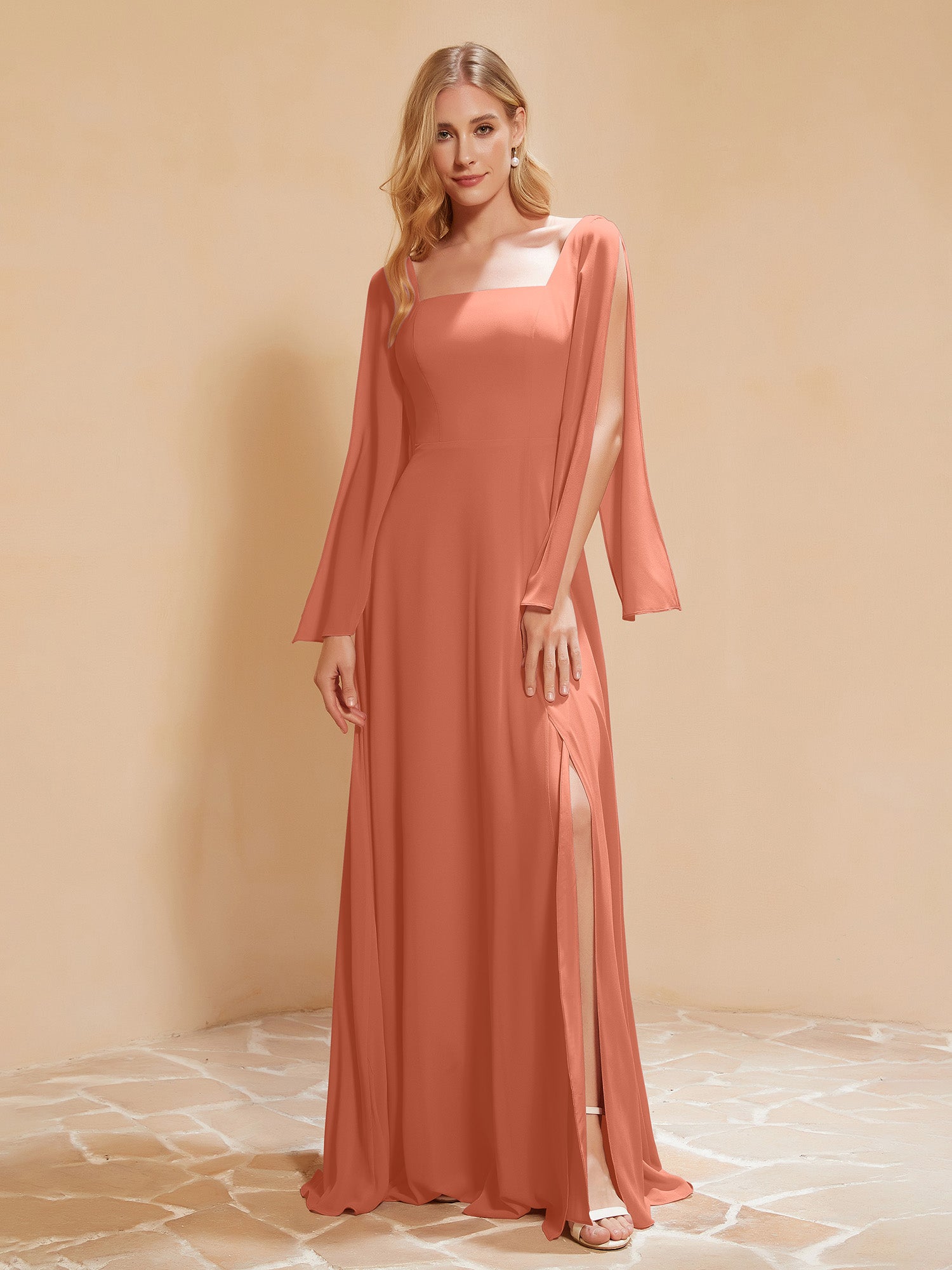 Lace 3/4 Sleeves Chiffon Tea-Length Dress Papaya main image 1