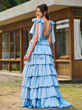 A-line Bow Shoulder Tiered Dress with Slit Sky Blue