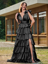 A-line Bow Shoulder Tiered Dress with Slit Black