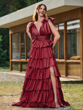 A-line Bow Shoulder Tiered Dress with Slit Burgundy
