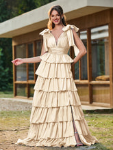 A-line Bow Shoulder Tiered Dress with Slit Champagne