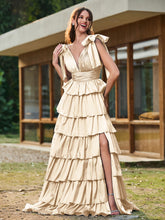 A-line Bow Shoulder Tiered Dress with Slit Champagne