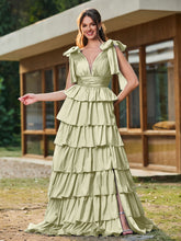 A-line Bow Shoulder Tiered Dress with Slit Dusty Sage