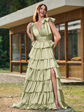 A-line Bow Shoulder Tiered Dress with Slit Dusty Sage