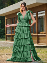 A-line Bow Shoulder Tiered Dress with Slit Emerald