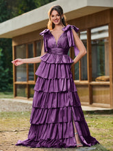 A-line Bow Shoulder Tiered Dress with Slit Grape
