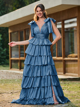 A-line Bow Shoulder Tiered Dress with Slit Ink Blue