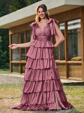 A-line Bow Shoulder Tiered Dress with Slit Mulberry