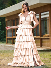 A-line Bow Shoulder Tiered Dress with Slit Peach