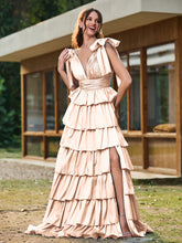A-line Bow Shoulder Tiered Dress with Slit Peach
