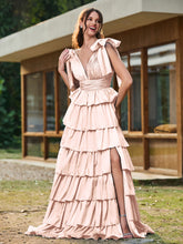 A-line Bow Shoulder Tiered Dress with Slit Pearl Pink
