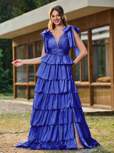 A-line Bow Shoulder Tiered Dress with Slit Royal Blue