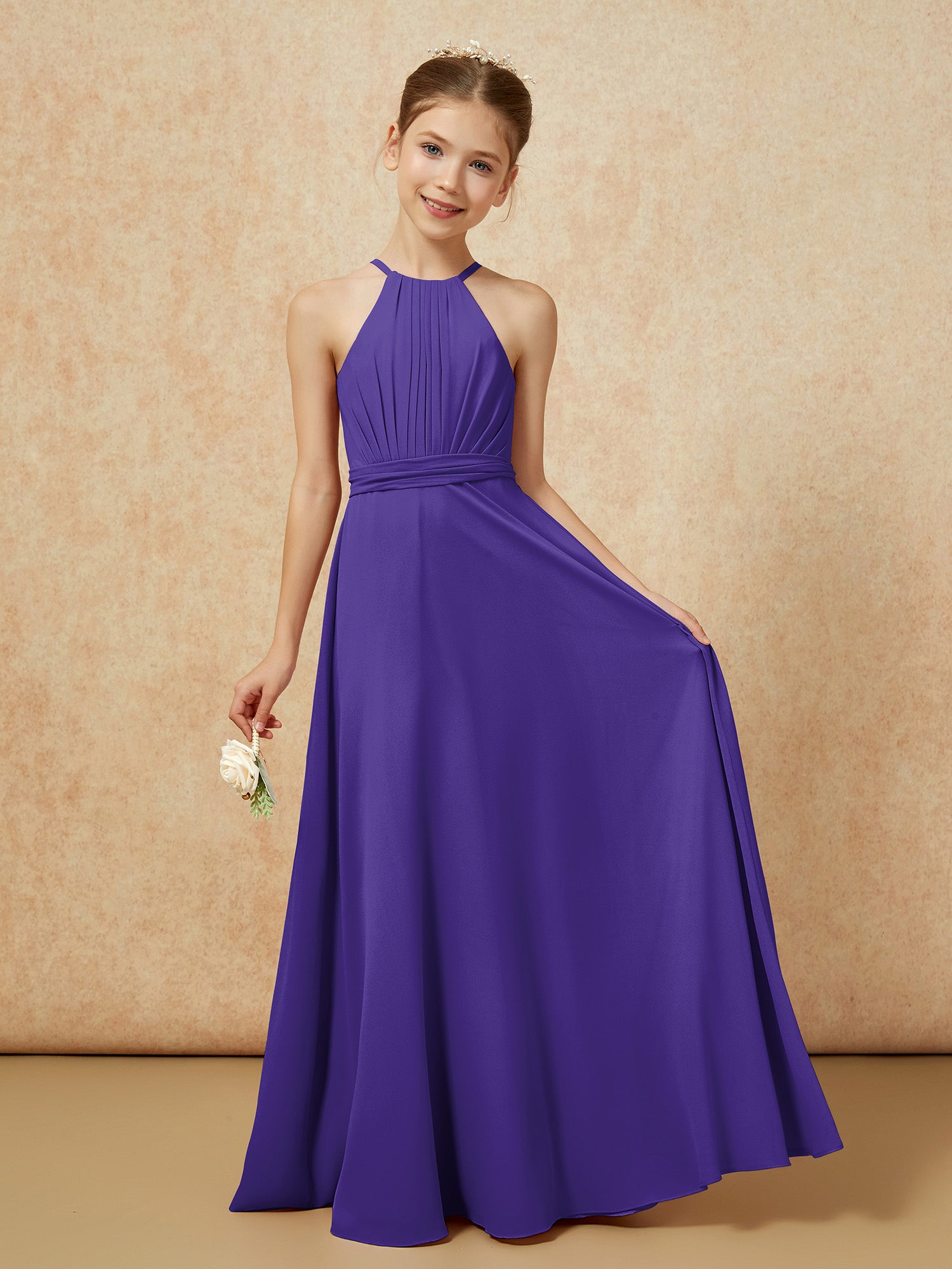 Halter Backless Long Chiffon Junior Bridesmaid Gown Sunset