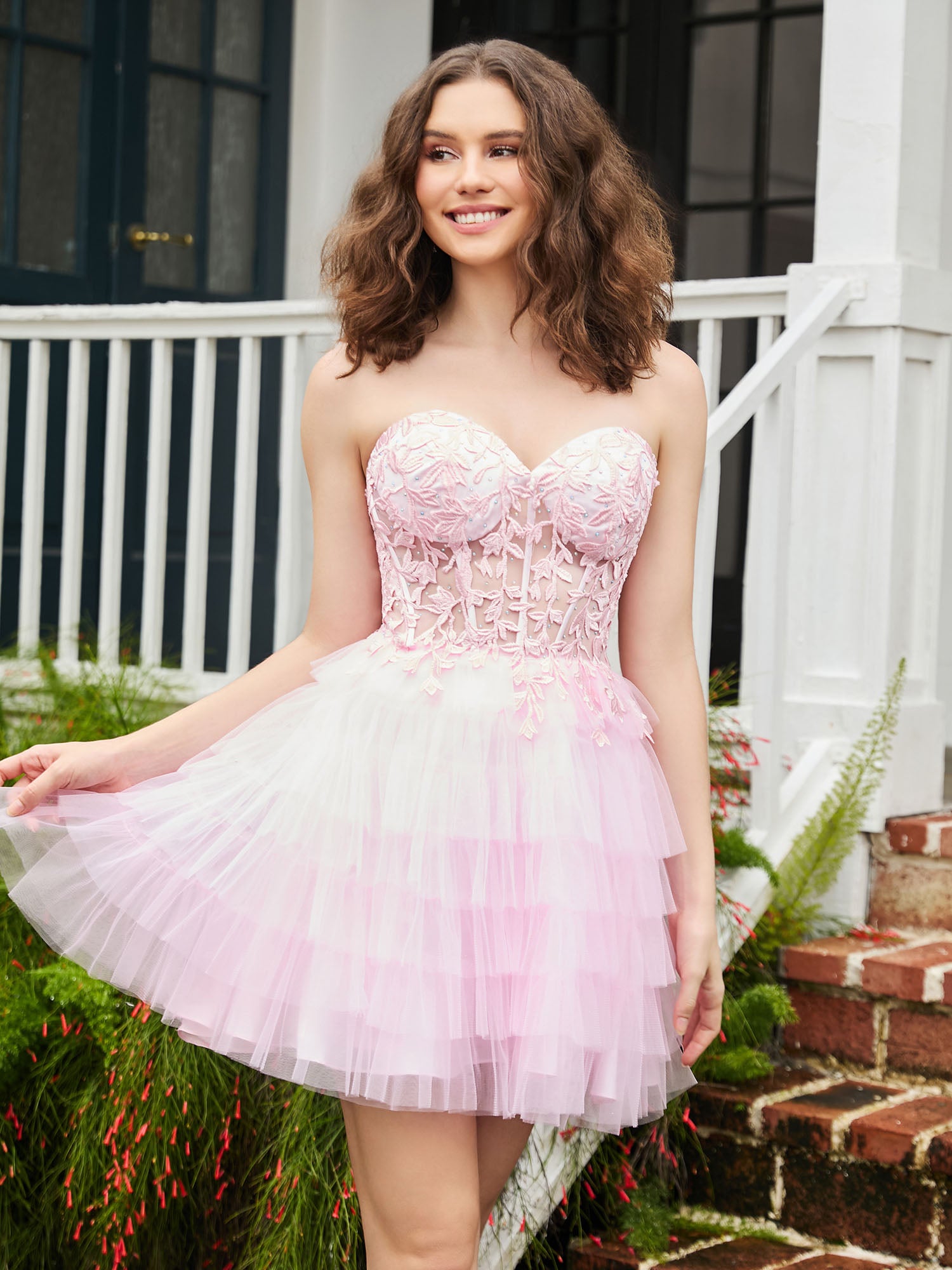 white christmas dresses Light Pink Sweetheart Beaded Tulle Corset Dress With Lace-Up Back