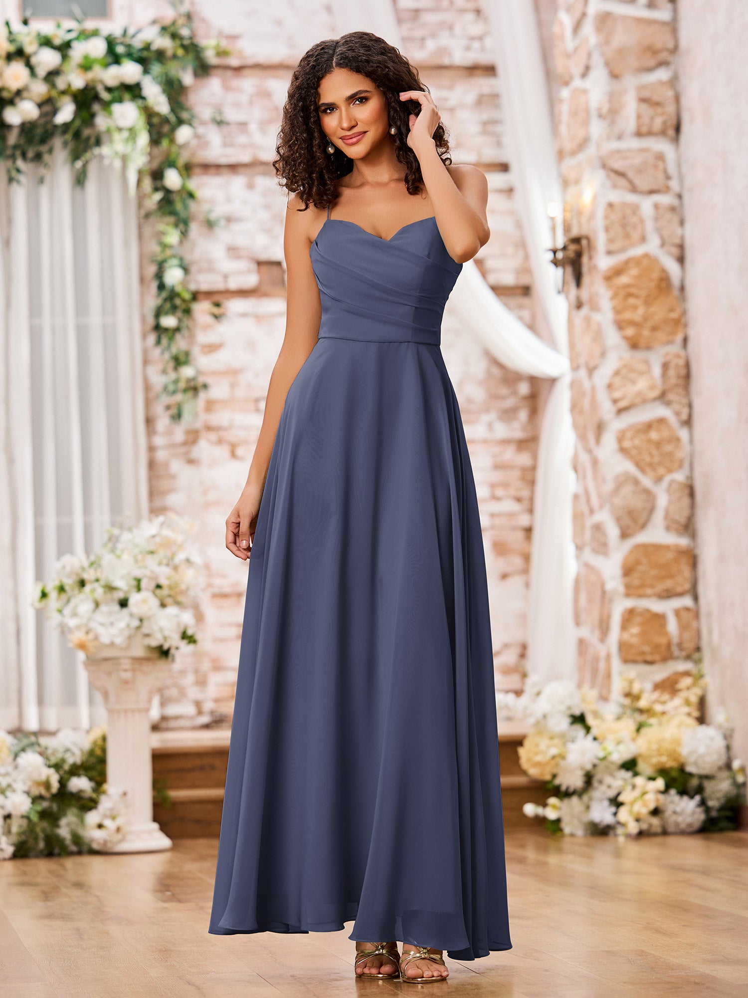 Sweetheart Neck Chiffon Gown with Spaghetti Straps Marigold