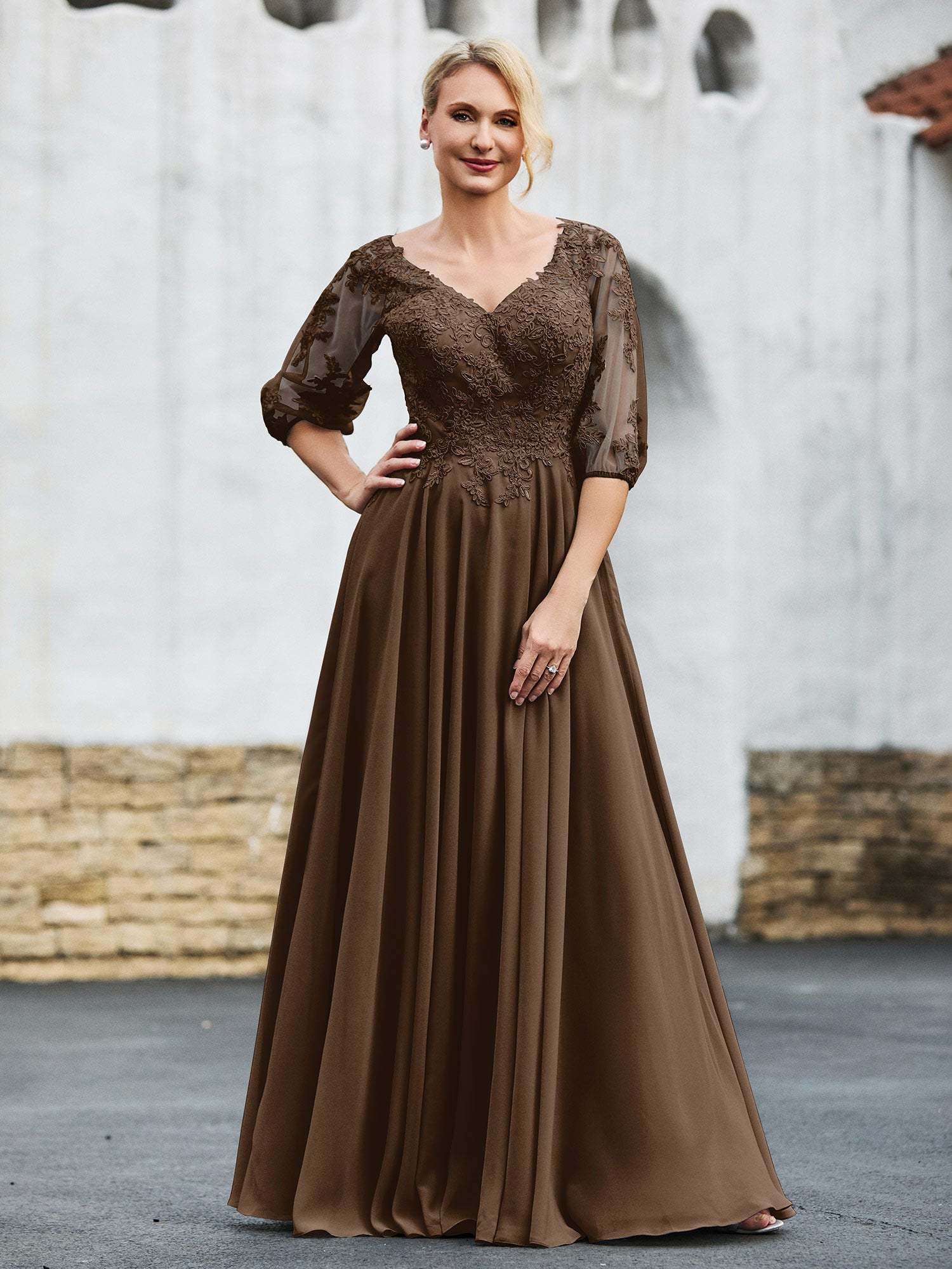 BABARONI Chiffon Brown Mother of the Bride Dresses A-line V-neck Elbow