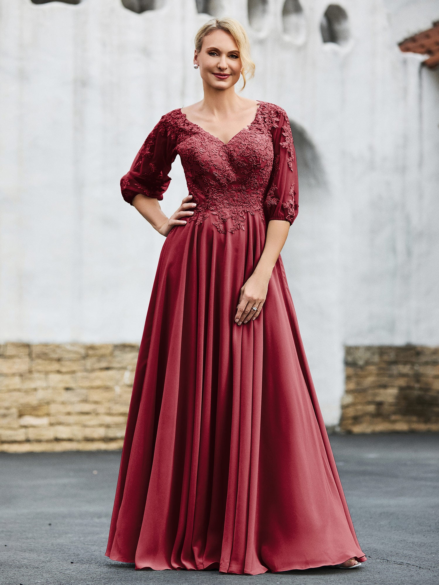 BABARONI Mother of The Bride Dress Half Sleeve Lace Top Pleated Chiffon Gown
