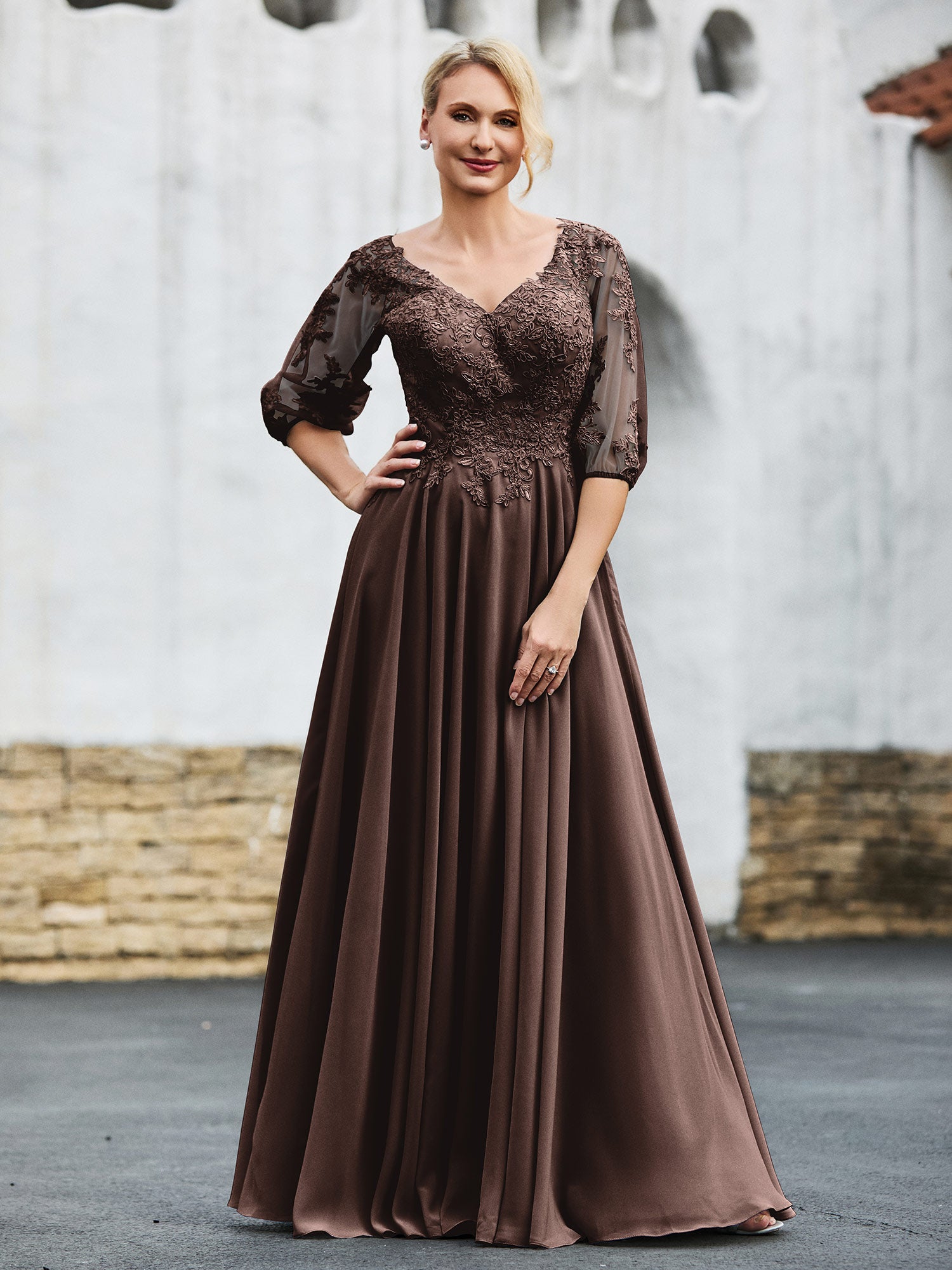 BABARONI Mother of the Bride Dress Half Sleeve Lace Top Pleated Chiffon Gown