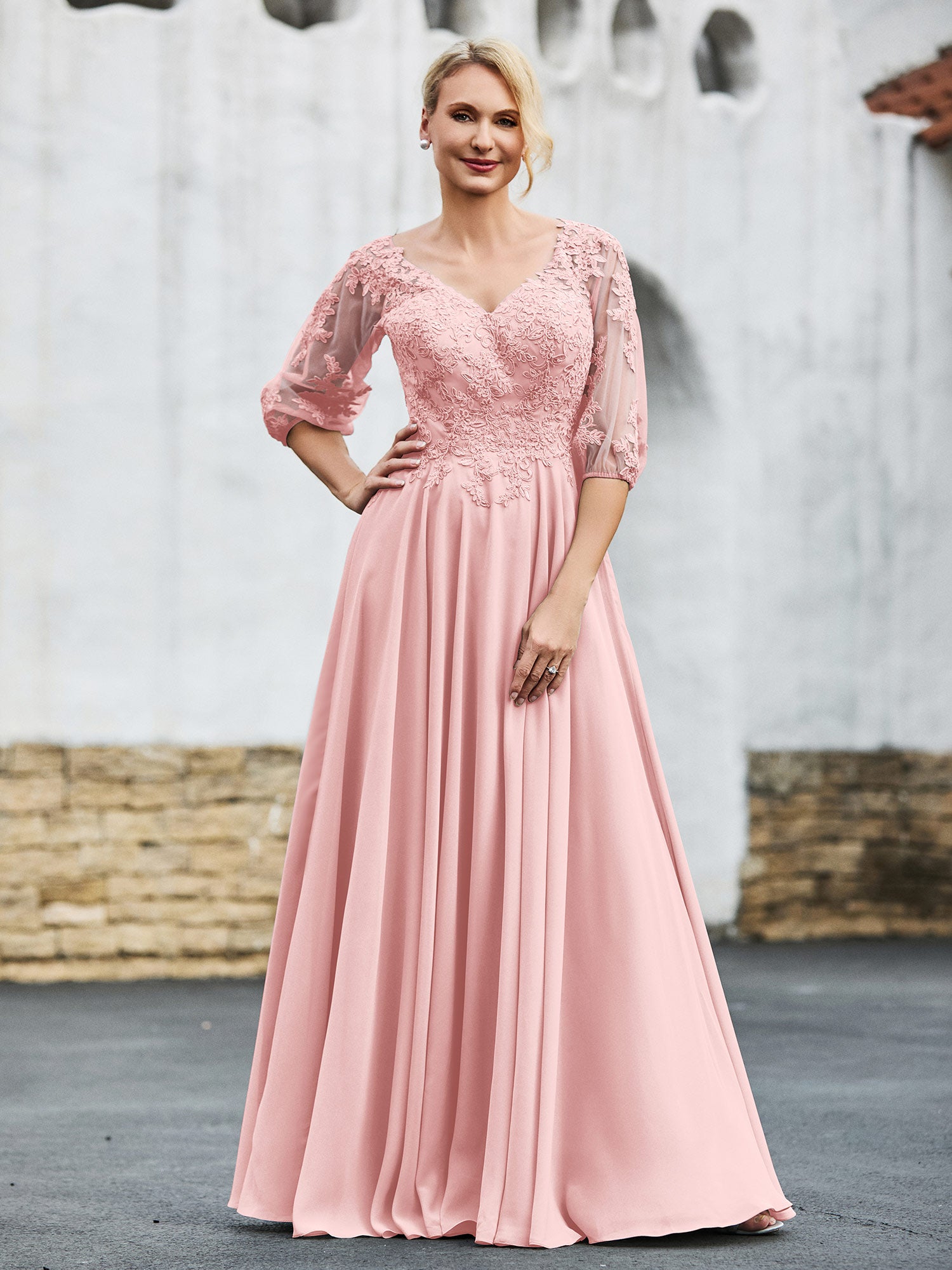 BABARONI Chiffon Dusty Rose Mother of the Bride Dresses A-line V-neck Elbow  Sleeve Lace Bodice Floor-length