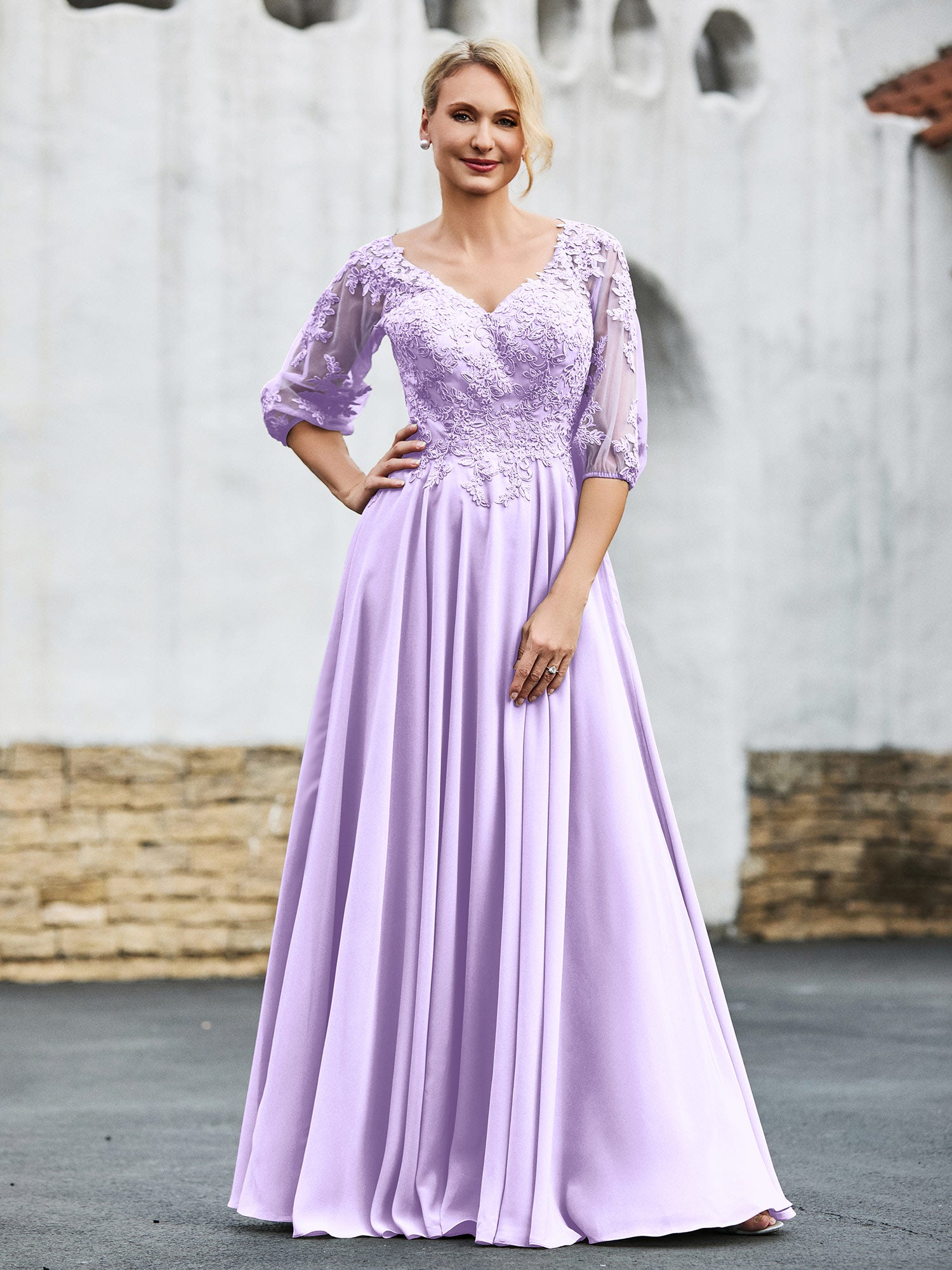Half Sleeves Lace Top Chiffon Dress with Pleated Champagne