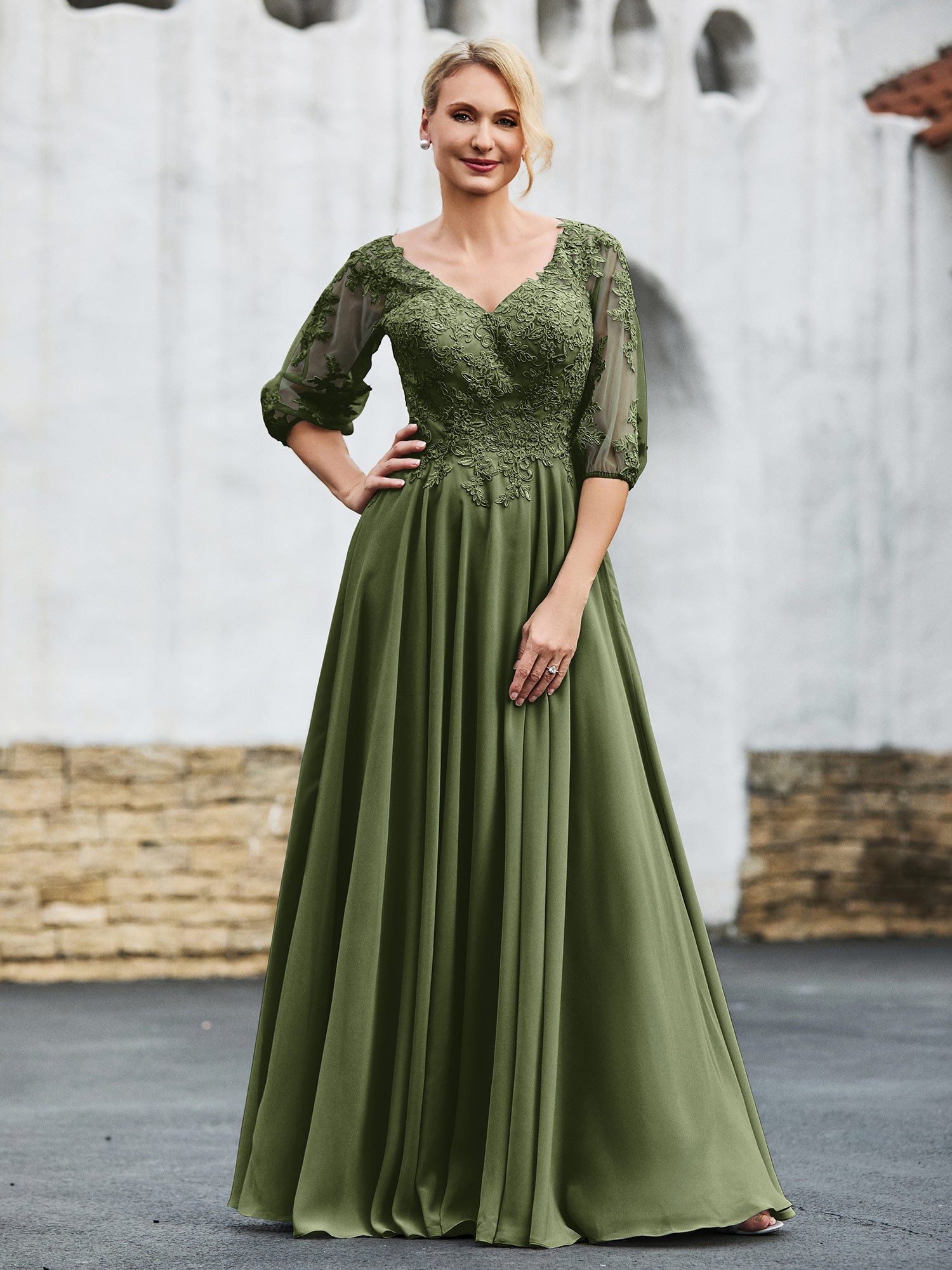 BABARONI Mother of The Bride Dress Half Sleeve Lace Top Pleated Chiffon Gown