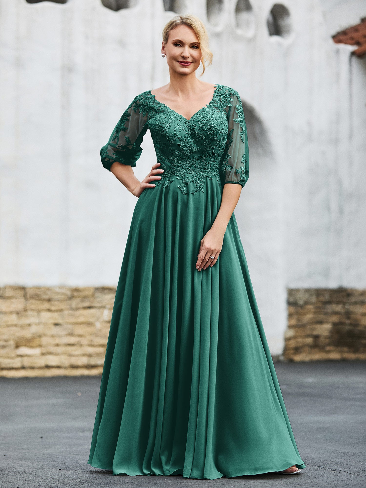 BABARONI Mother of the Bride Dress Half Sleeve Lace Top Pleated Chiffon Gown