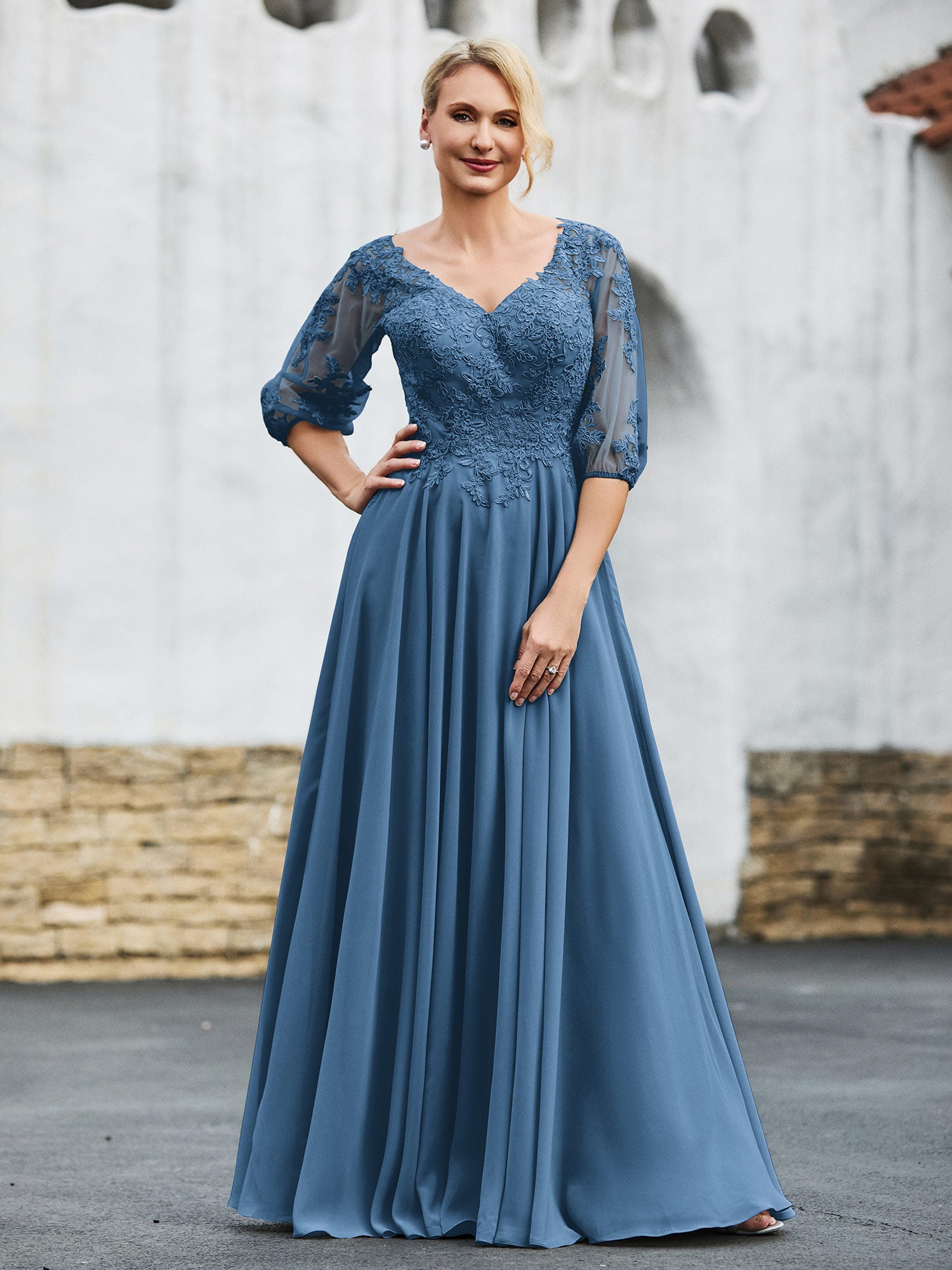 BABARONI Mother of The Bride Dress Half Sleeve Lace Top Pleated Chiffon Gown
