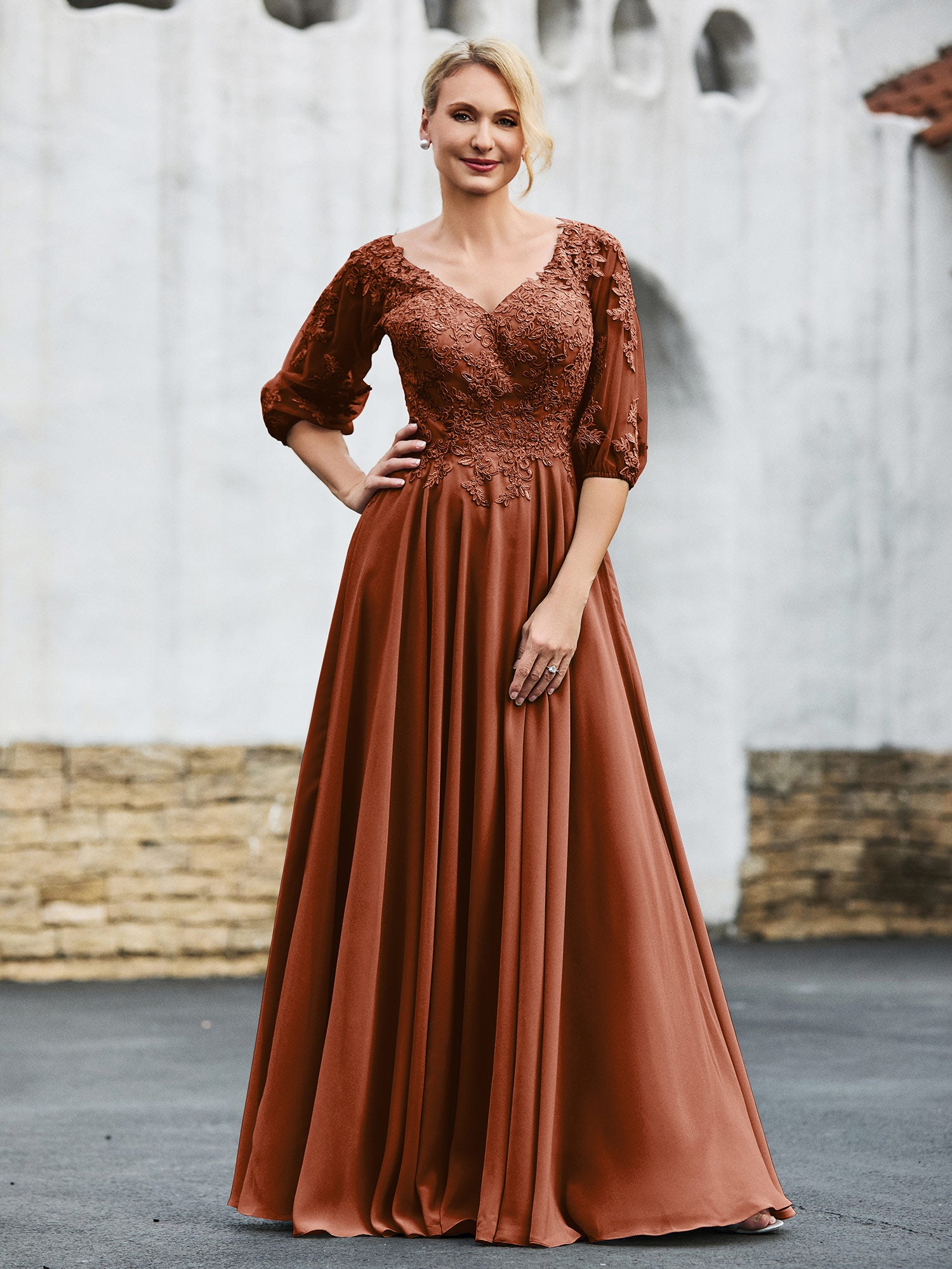 BABARONI Mother of the Bride Dress Half Sleeve Lace Top Pleated Chiffon Gown